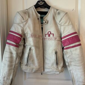 Vintage Pink & White Icon Motorsport Leather Jacket with Shoulder Protectors
